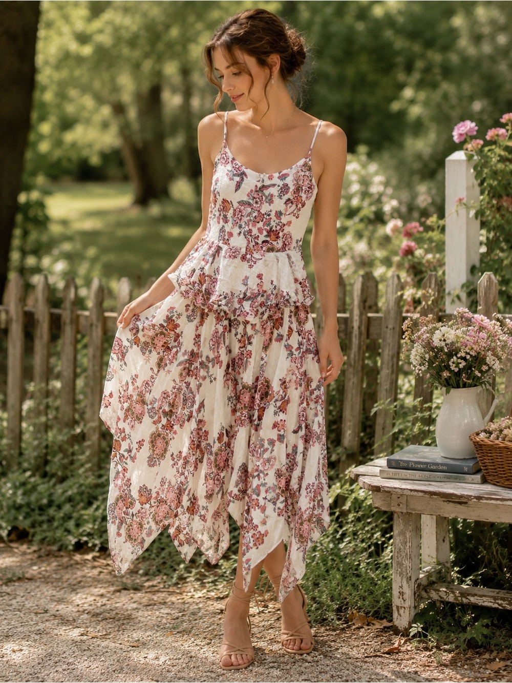 Strut & Bolt Floral Handkerchief Hem Midi Dress White Pink Boho Size‎ Small
